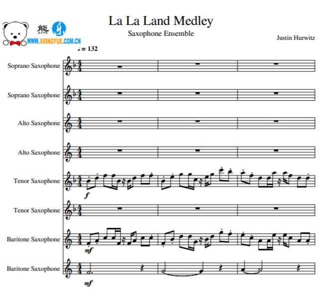 La La Land Medley 爱乐之城串烧八把萨克斯合奏总谱