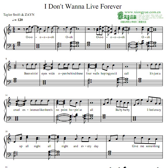 I Don’t Wanna Live Forever钢琴谱