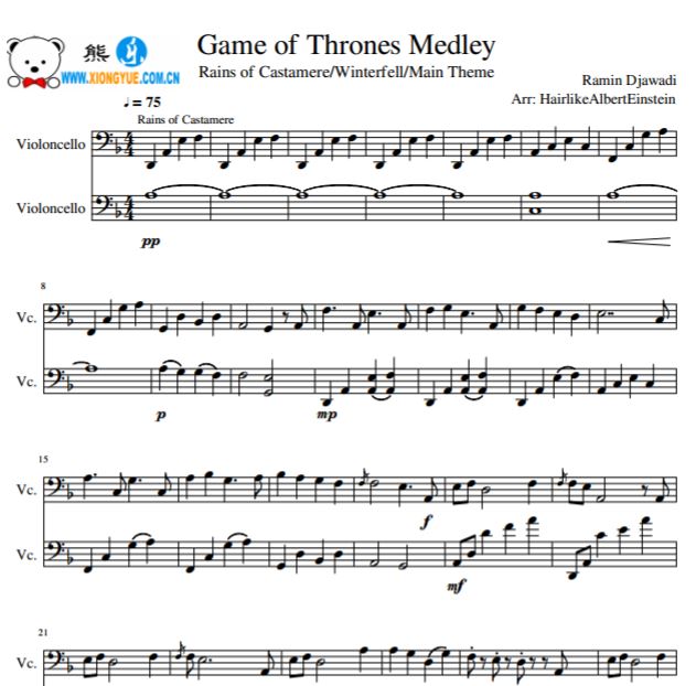 Games of Thrones Medley大提琴二重奏谱