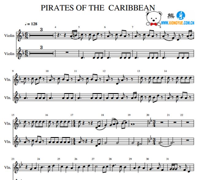 加勒比海盗PIRATES OF THE CARIBBEAN小提琴二重奏谱