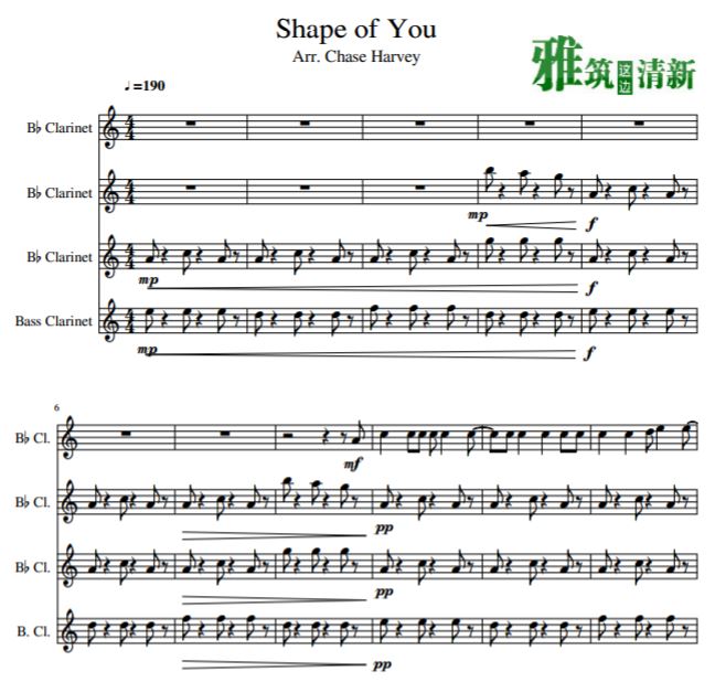 Ed Sheeran - Shape of You单簧管四重奏谱