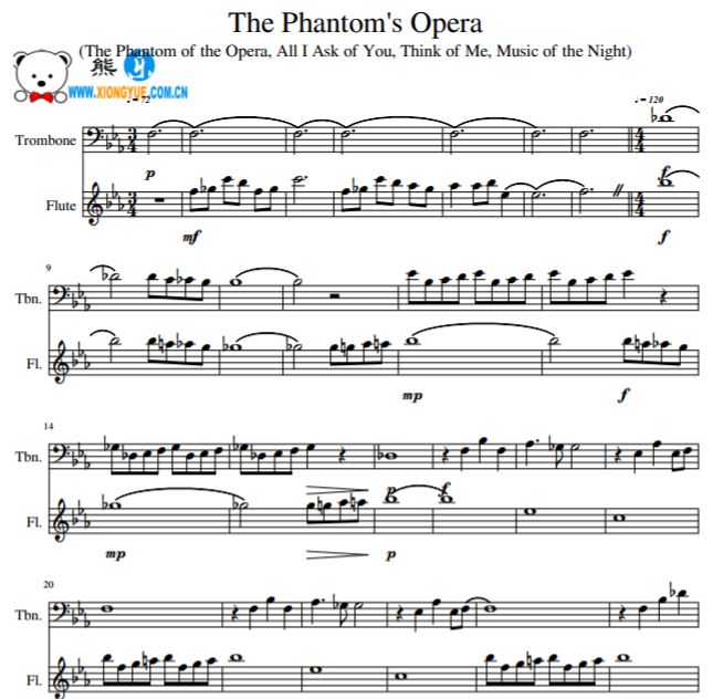 歌剧魅影 Phantom Of The Opera 长号长笛二重奏总谱