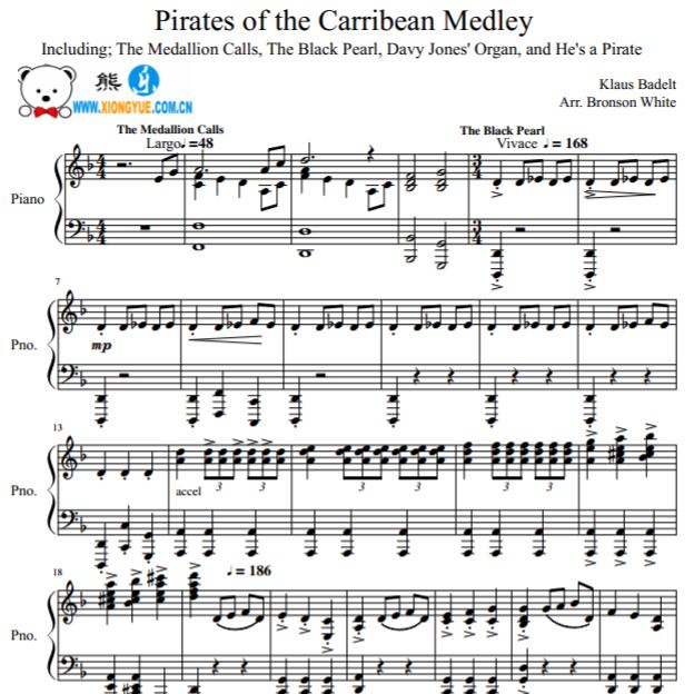 加勒比海盗串烧钢琴谱 Pirates of the Caribbean Medly