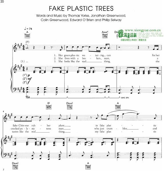 radiohead - fake plastic trees 钢琴伴奏谱