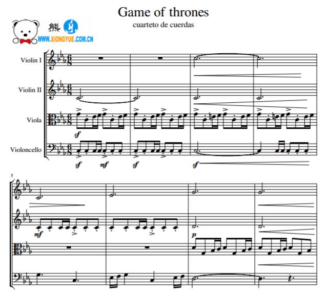 权力的游戏 Game of trhones主题曲弦乐四重奏总谱+分谱