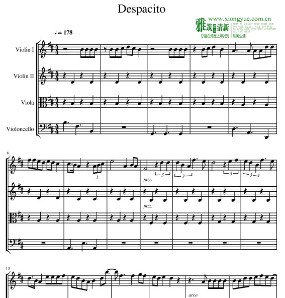 Luis Fonsi, Daddy Yankee ft. Justin Bieber Despacito弦乐四重奏谱