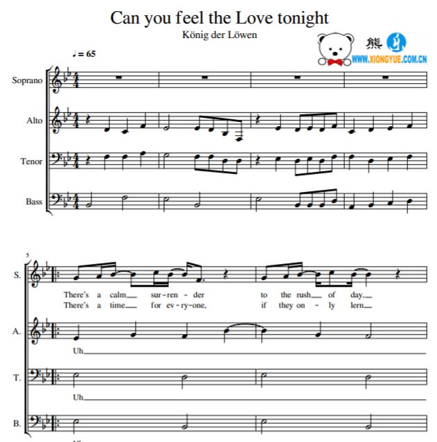 狮子王 Can You Feel the Love Tonight阿卡贝拉合唱谱 SATB谱
