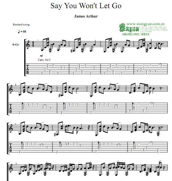 James Arthur - Say You Won't Let Go指弹吉他谱