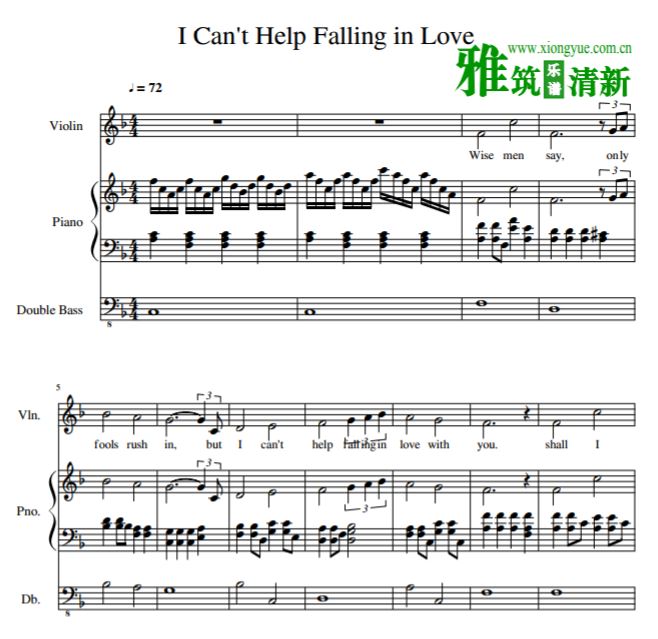 I Can't Help Falling In Love小提琴低音提琴钢琴合奏谱