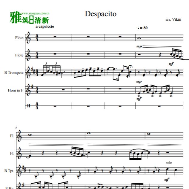 Despacito管乐四重奏谱打击乐伴奏谱