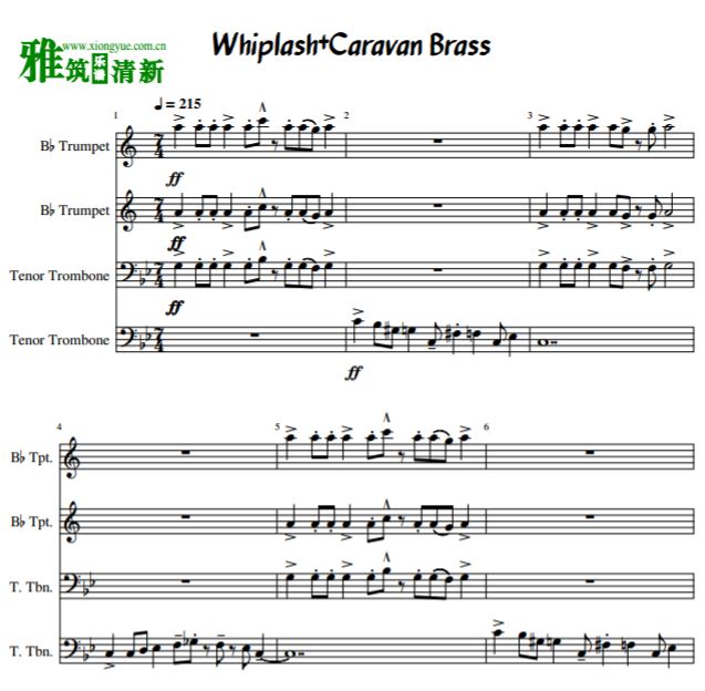 爆裂鼓手铜管四重奏谱 Whiplash+Caravan小号长号四重奏谱