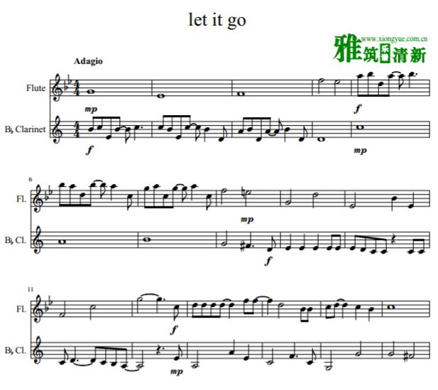 冰雪奇缘 Let it go长笛单簧管二重奏谱