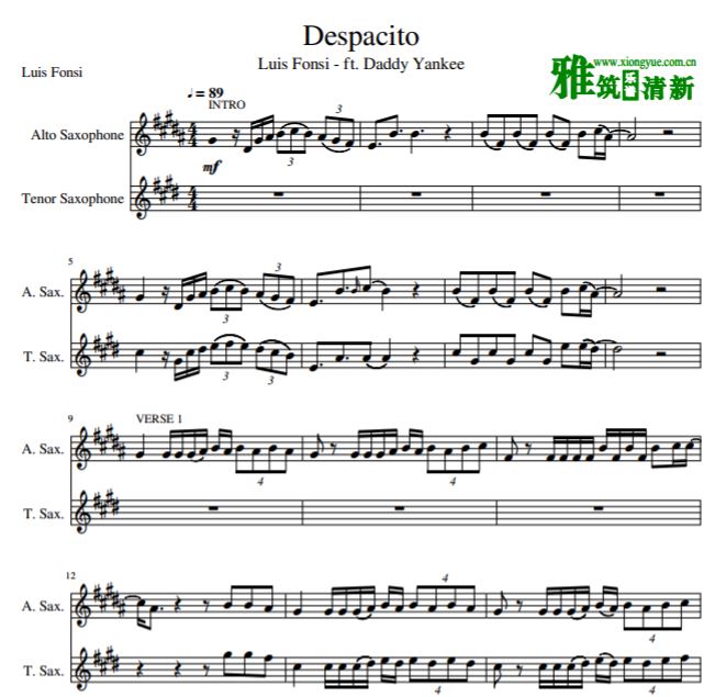Despacito 中音次中音萨克斯二重奏谱