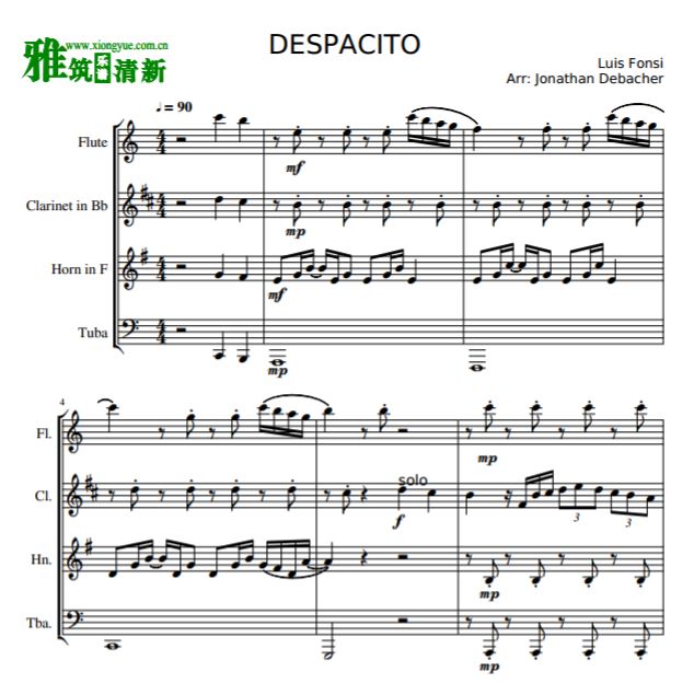 DESPACITO管乐合奏谱 长笛黑管圆号大号四重奏