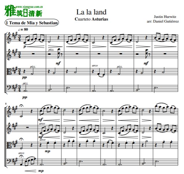 电影爱乐之城组曲弦乐四重奏谱 La la land弦乐四重奏谱