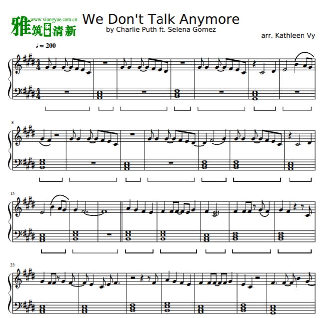 We Dont Talk Anymore钢琴谱 Charlie Puth ft.Selena Gom 