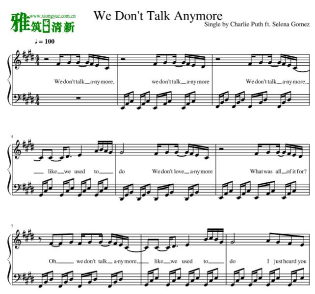 Charlie Puth - We Don't Talk Anymore钢琴谱 带歌词