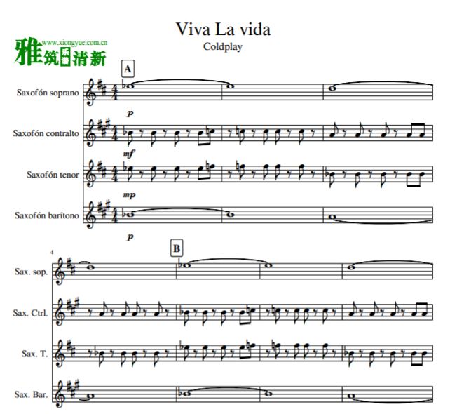 vivalavida,vivalavida封面 coldplay酷玩乐队 viva la vida 萨克斯四重奏谱
