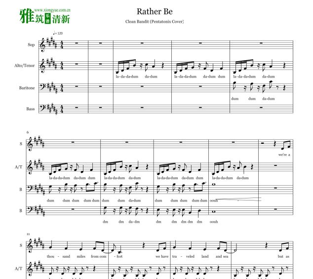 Pentatonix - Rather Be 四声部混声合唱谱