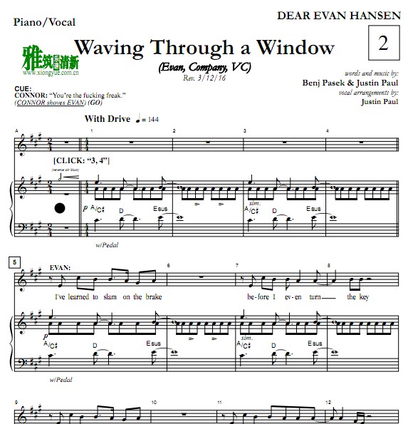 Waving Through A Window钢琴伴奏谱