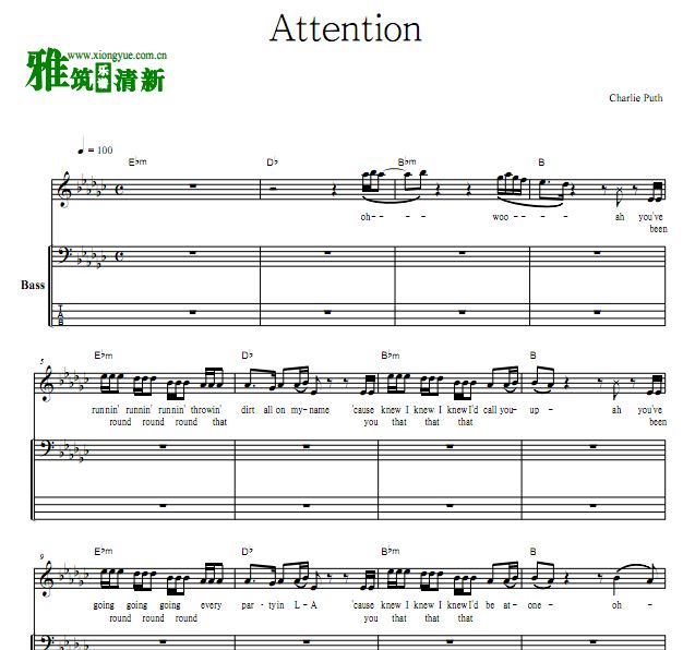 Charlie Puth - Attention 贝司谱