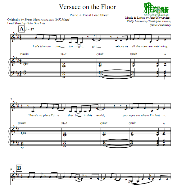 Bruno Mars - Versace On The Floor 钢琴伴奏谱