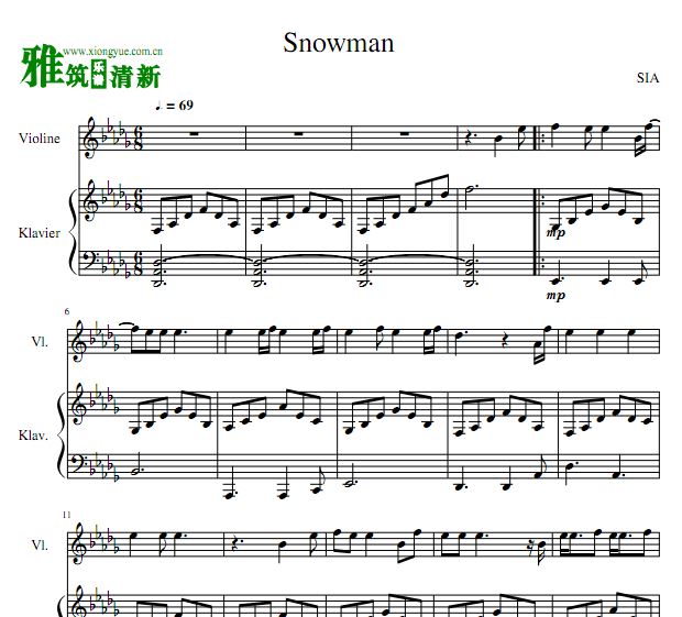 Sia -Snowman小提琴钢琴二重奏谱