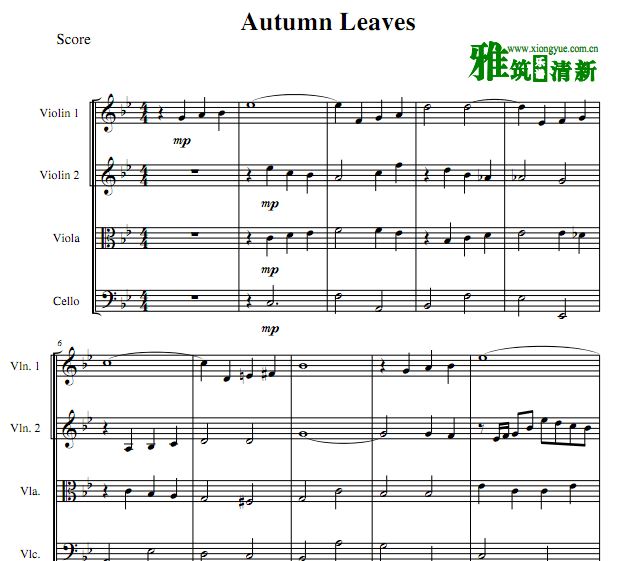 秋叶 Autumn Leaves弦乐四重奏总谱