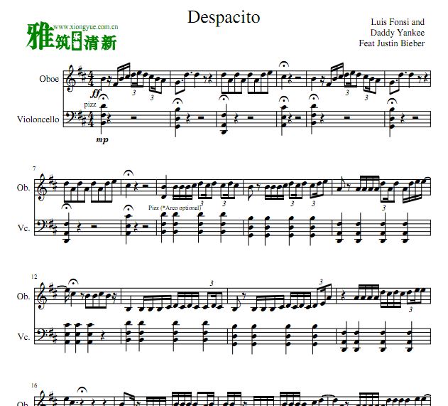 Despacito双簧管大提琴合奏谱