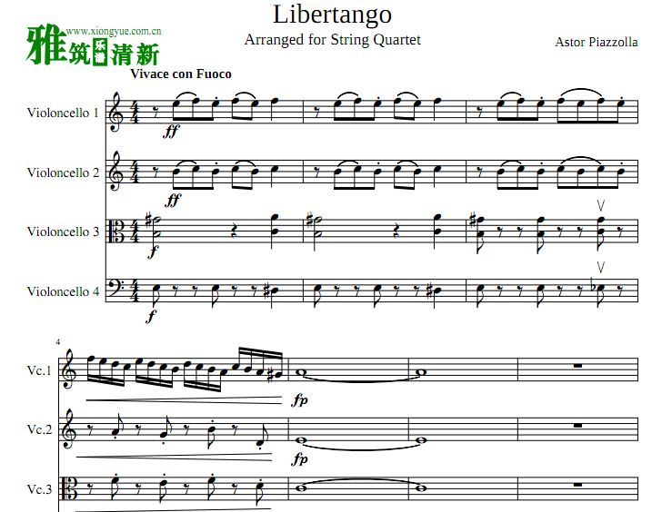 皮亚佐拉 自由探戈Libertango大提琴四奏谱