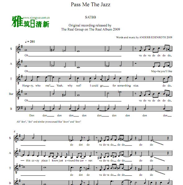The Real Group真实之声 Pass Me The Jazz 阿卡贝拉合唱谱