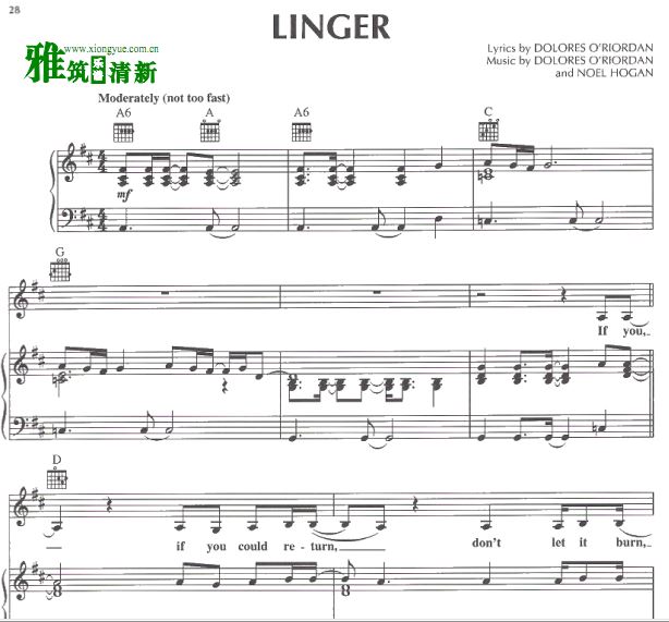 小红莓乐队The Cranberries - Linger钢琴弹唱谱