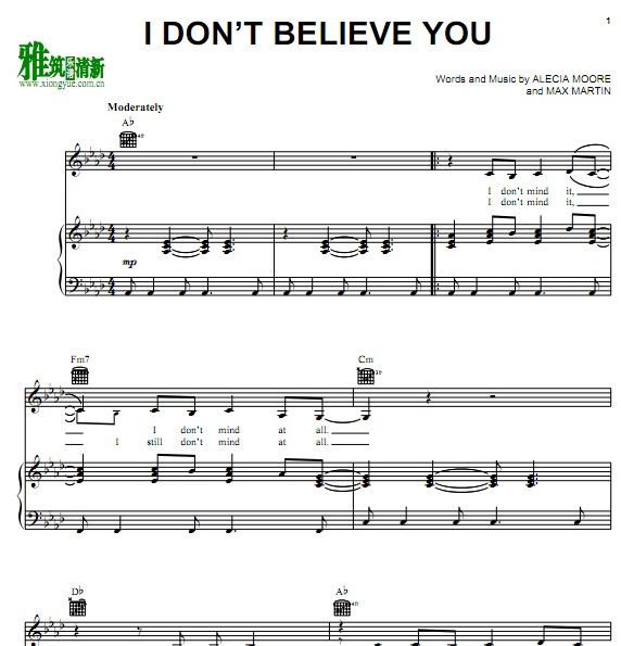 Pink - I Don't Believe You钢琴伴奏谱