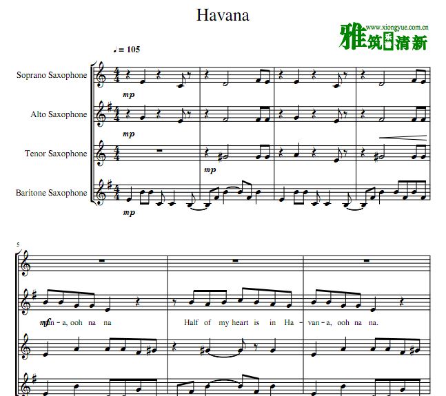 Camila Cabello - Havana萨克斯四重奏谱