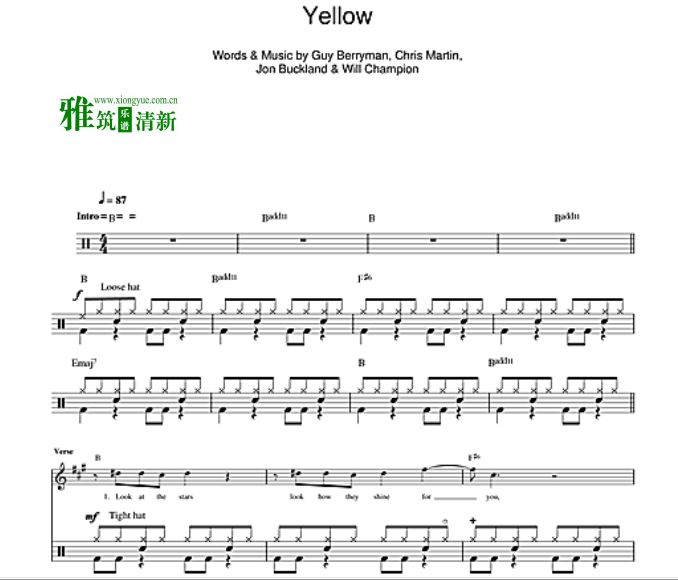 酷玩乐队 Coldplay - Yellow 架子鼓谱