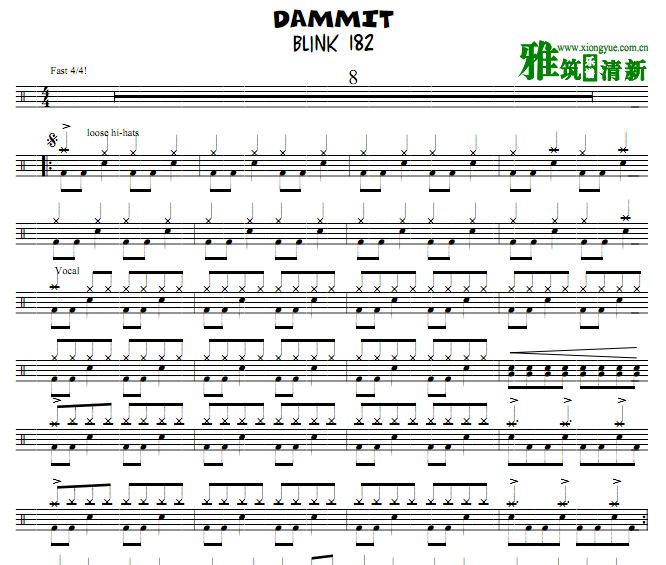 眨眼182乐队鼓谱 Dammit 鼓谱