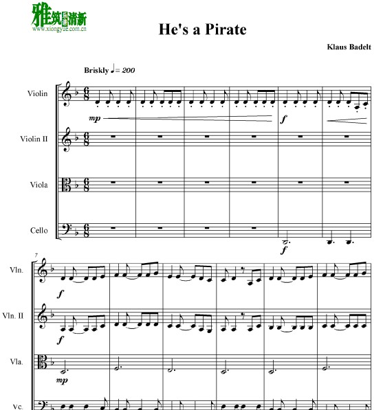 加勒比海盗He's a Pirate 弦乐四重奏谱