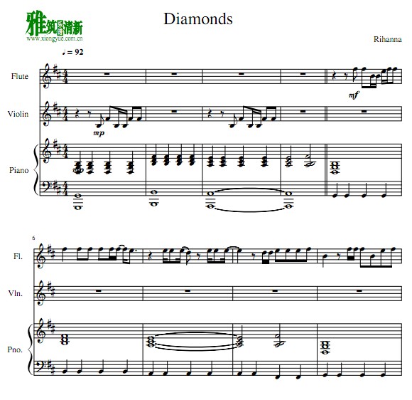 Rihanna - Diamonds 长笛小提琴钢琴谱