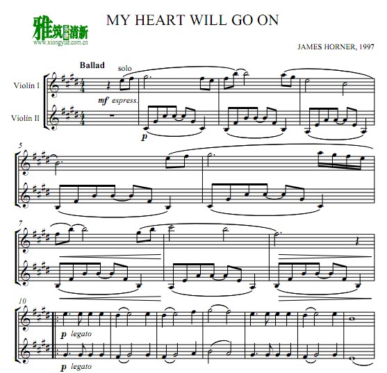 泰坦尼克 我心永恒My Heart Will Go on小提琴二重奏谱