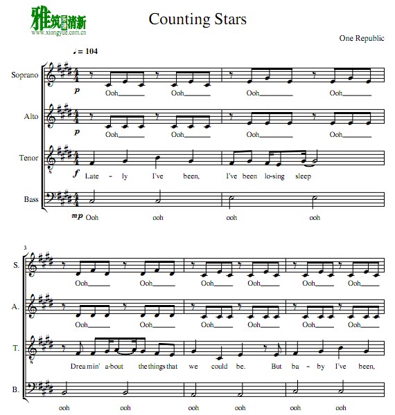 Counting stars 四声部合唱谱 SATB