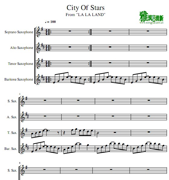 爱乐之城City Of Stars 萨克斯四重奏谱