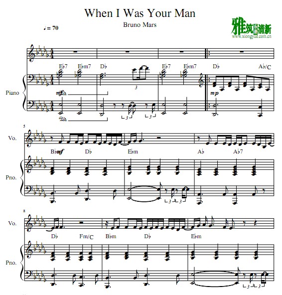 When I Was Your Man 无旋律钢琴伴奏谱