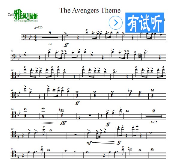 The Avengers Theme复仇者联盟主题曲大提琴四重奏谱 分谱