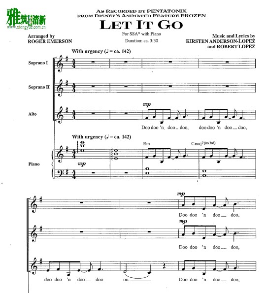 Let it go 三声部合唱 SSA 钢琴伴奏谱