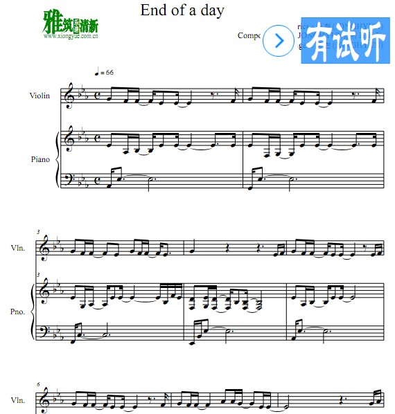 钟铉End of a Day小提琴钢琴伴奏谱