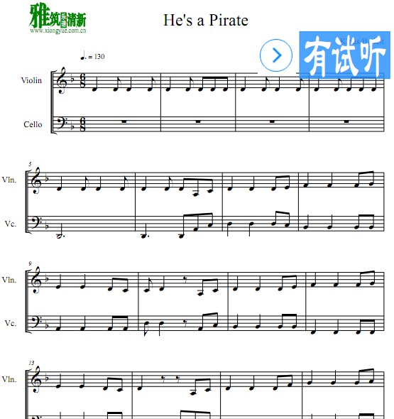加勒比海盗He's A Pirate小提琴大提琴二重奏谱