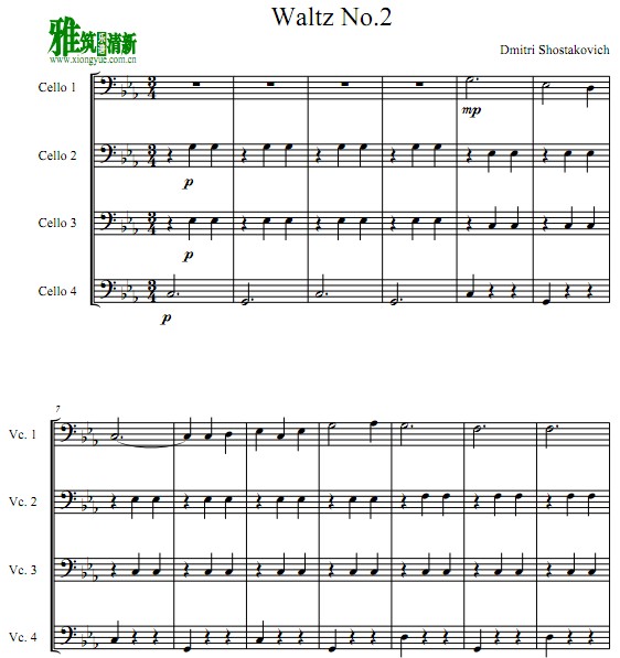 Shostakovich 肖斯塔科维奇第二圆舞曲大提琴四重奏谱