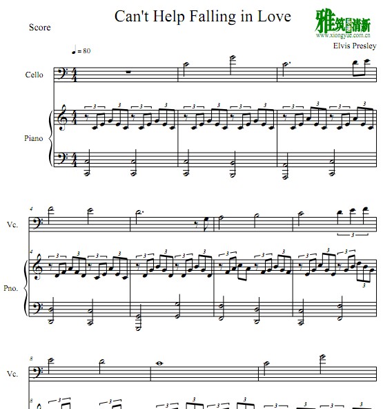 Can't Help Falling in Love大提琴谱 钢琴伴奏谱