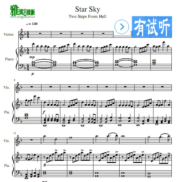 Two Steps From Hell - Star Sky小提琴钢琴伴奏谱