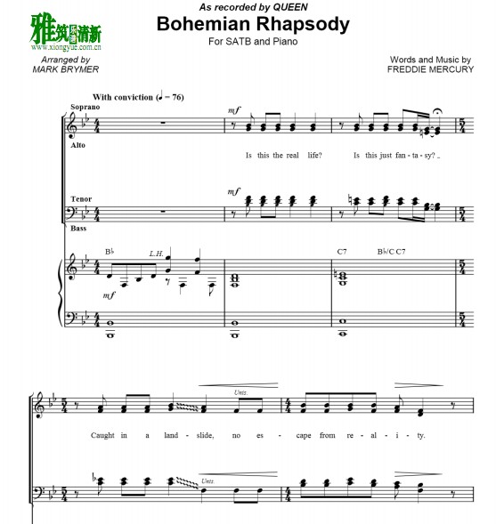 波西米亚狂想 Bohemian Rhapsody 合唱谱钢琴伴奏谱SATB